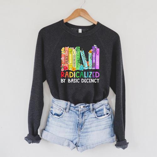 Radicalized By Basic Decency Books Women Girl Rainbow LGBT Raglan Sleeve Sweatshirt - Bookorys CA