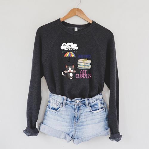 Rain Drops Rainy Days Umbrella Good Books Cute Cat Cuddles For Men Women Raglan Sleeve Sweatshirt - Bookorys