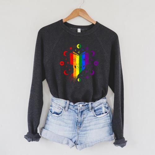 Rainbow Book With Stars And Moon Phases Gay Pride LGBT Raglan Sleeve Sweatshirt - Bookorys CA