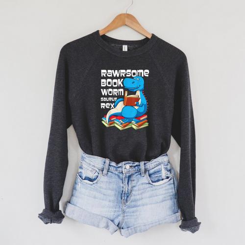 Rawrsome Bookworm Dinosaur T-Rex Book Reading Boys Raglan Sleeve Sweatshirt - Bookorys
