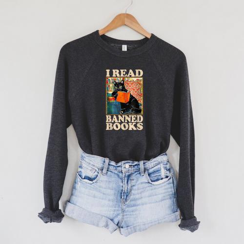 I Read Banned Books Cat Reader Bookworm Raglan Sleeve Sweatshirt - Bookorys AU