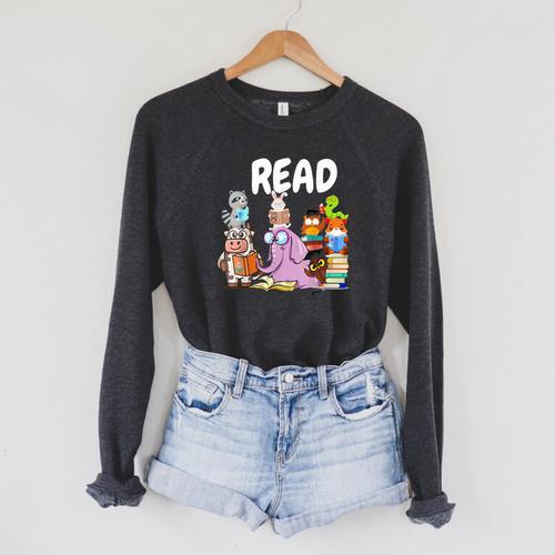 Read Book Club Piggie Elephant Pigeons Teacher Library For Men Women Kids Raglan Sleeve Sweatshirt - Bookorys AU