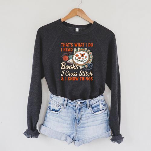 Read Books I Cross Stitch Sewing Stitcher Quilt Cross Stitch Raglan Sleeve Sweatshirt - Bookorys UK