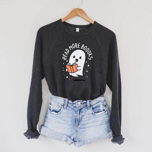 Read More Books Cute Ghost Halloween Teacher Raglan Sleeve Sweatshirt - Bookorys