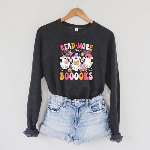 Read More Books Ghosts Reading Book Teacher Halloween Raglan Sleeve Sweatshirt - Bookorys