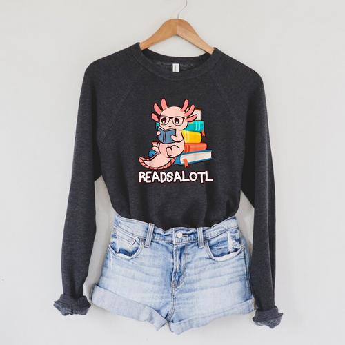 Readalotl a Kawaii Axolotl Reading a Book As Readsalotl Raglan Sleeve Sweatshirt - Bookorys AU