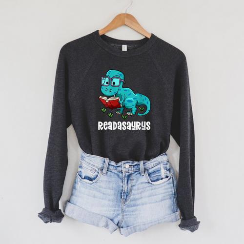 Readasaurus Reading Dinosaur Bookworm Book Reader Meme Raglan Sleeve Sweatshirt - Bookorys DE