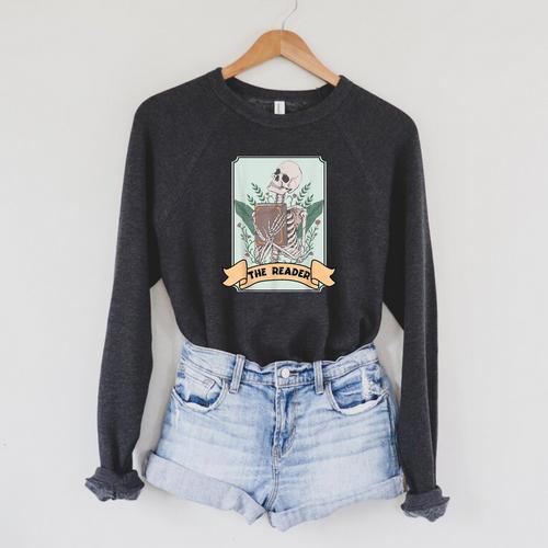 The Reader Tarot Card Skeleton With Book Lover Bookworm Raglan Sleeve Sweatshirt - Bookorys UK