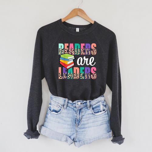 Readers Are Leaders Boho Leopard Book Lover Back To School Raglan Sleeve Sweatshirt - Bookorys DE