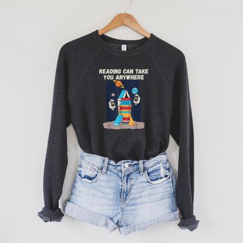 Reading Can Take You Anywhere Astronaut Book Lover Teacher For Men Women Kids Raglan Sleeve Sweatshirt - Bookorys AU