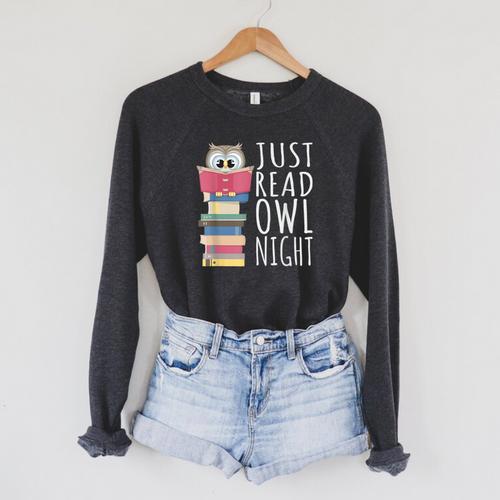 Reading Book Bookworm Kawaii Library Just Read Owl Night Raglan Sleeve Sweatshirt - Bookorys AU
