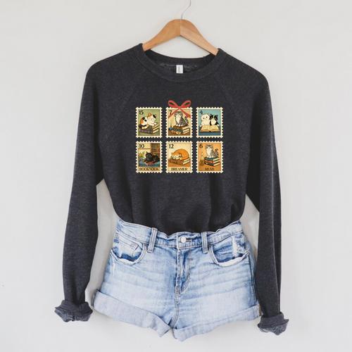 Reading Book Lover Bookish Cat Mom Cat Reading Books Stamps Raglan Sleeve Sweatshirt - Bookorys CA