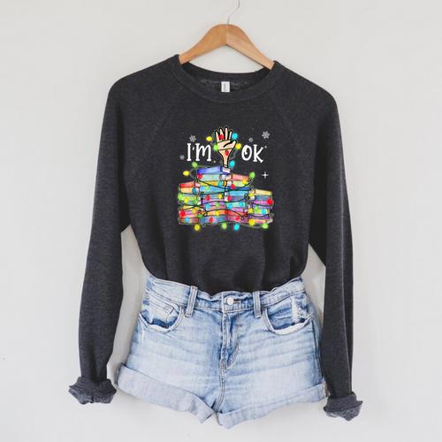 Reading Books I'm Ok National Book Lovers Lights Christmas Raglan Sleeve Sweatshirt - Bookorys DE