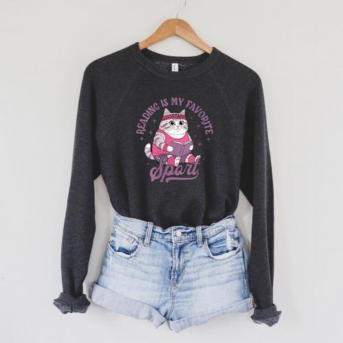 Reading Is My Favorite Sport Bookworm Cat Lover Book-Club Raglan Sleeve Sweatshirt - Bookorys
