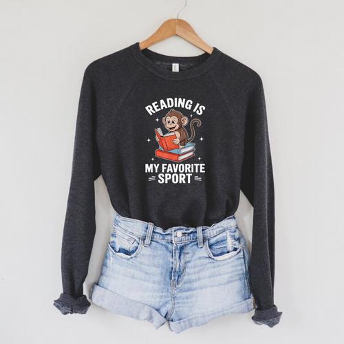 Reading Is My Favorite Sport Cute Monkey Reading Books Raglan Sleeve Sweatshirt - Bookorys