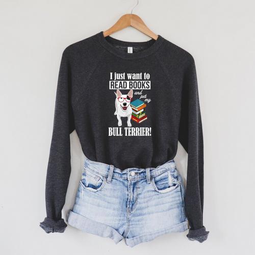 Reading Kids Cartoon Read Books Pet Bull Terrier Lover Raglan Sleeve Sweatshirt - Bookorys DE