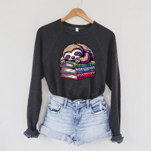 Reading Muffler Sloth On Stack Of Books Raglan Sleeve Sweatshirt - Bookorys AU