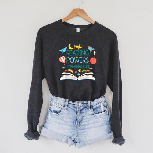 Reading Powers Imagination Books Bibliophile Teacher Men Women Kids Raglan Sleeve Sweatshirt - Bookorys AU