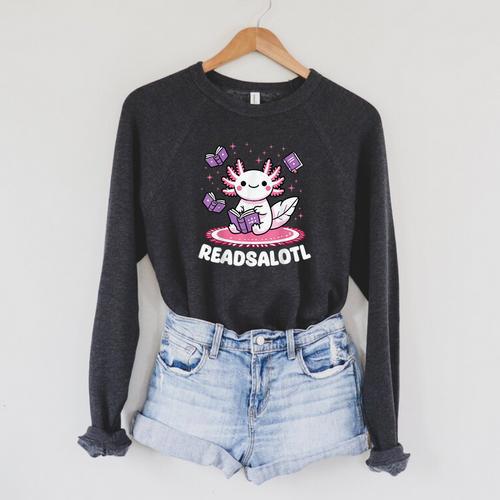 Readsalotl Axolotl Kawaii Anime Book Lover Reading Raglan Sleeve Sweatshirt - Bookorys AU
