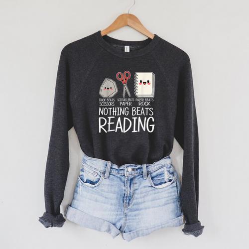Rock Paper Scissors Nothing Beats Reading Book Lover Humor Raglan Sleeve Sweatshirt - Bookorys DE