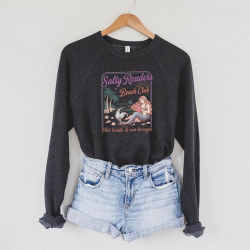 Salty Readers Beach Club Books Plot Twists & Sea Breezes Raglan Sleeve Sweatshirt - Bookorys AU