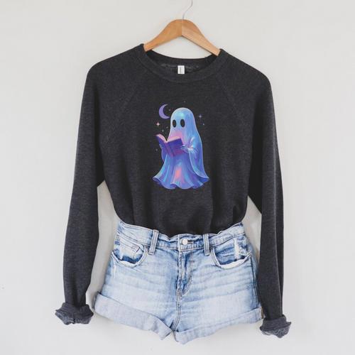 Scary Reading Book Lovers Halloween Costume Pastel Ghost Raglan Sleeve Sweatshirt - Bookorys CA