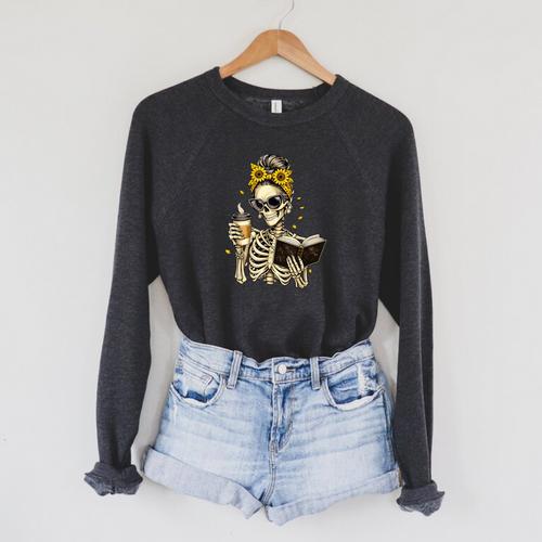 Skeleton Girl Drinking Coffee Bow Sunflower Book Lover Raglan Sleeve Sweatshirt - Bookorys UK
