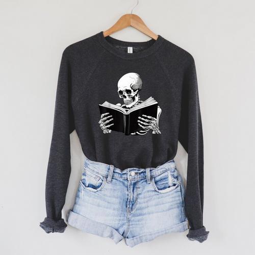 Skeleton Reading Book Bookworm Reader Bookish Halloween Raglan Sleeve Sweatshirt - Bookorys
