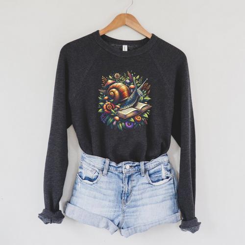 Snail Mushroom Floral Book Lover Cottagecore Fairycore Raglan Sleeve Sweatshirt - Bookorys DE