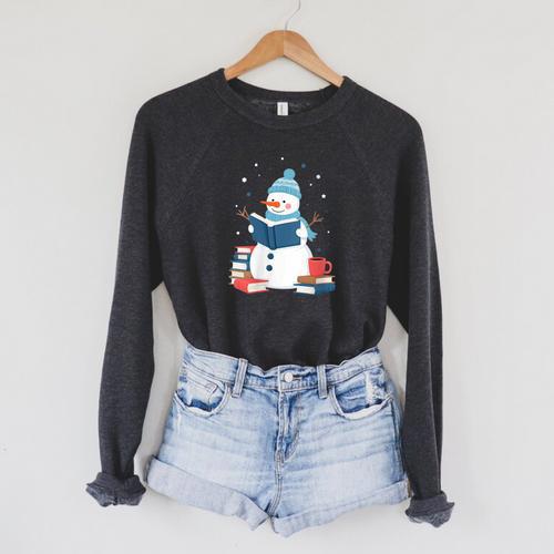 Snowman Reading Book Lover Librarian Reading Raglan Sleeve Sweatshirt - Bookorys