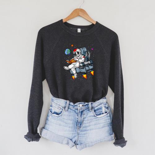 Space Astronaut Reading Book Bookworm Nerd Librarian Raglan Sleeve Sweatshirt - Bookorys