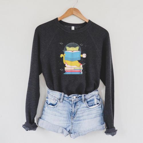 Space Cat Reading Book And Tea Space Cat For Men Women Kids Raglan Sleeve Sweatshirt - Bookorys AU