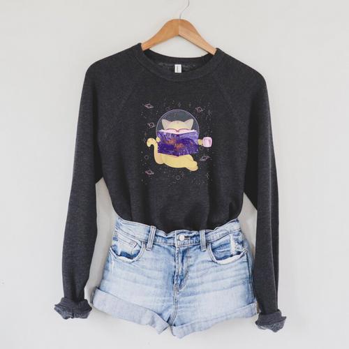 Space Cat Reading Book And Tea Space Cat Raglan Sleeve Sweatshirt - Bookorys AU