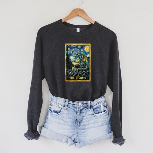 Starry Dragon Reading Book The Reader Fantasy Reader Raglan Sleeve Sweatshirt - Bookorys AU