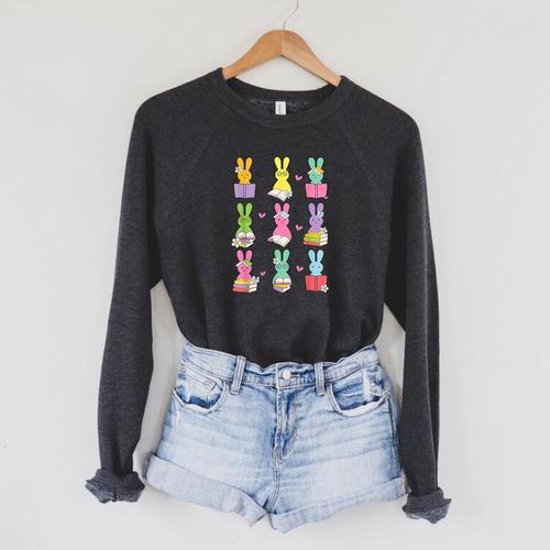 Teacher Easter Reading Bunnies Book Lover Bunny Raglan Sleeve Sweatshirt - Bookorys CA