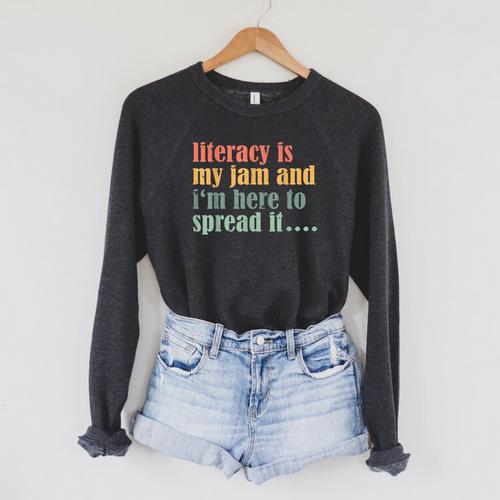 Teaching Fun Literacy Is My Jam Librarian Book Lover Teacher Raglan Sleeve Sweatshirt - Bookorys UK