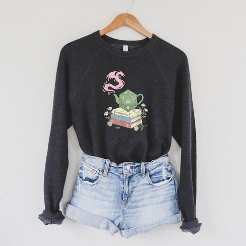Teapot Dragon Books RPG Cozy Gamer Fantasy Tea Lover Raglan Sleeve Sweatshirt - Bookorys AU