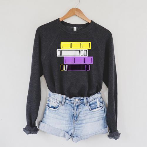 Threadless Grey Sky Chai Nonbinary Pride Book Stack Graphic Raglan Sleeve Sweatshirt - Bookorys
