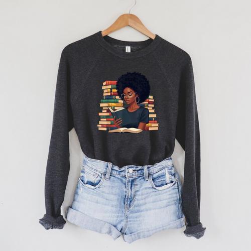 History Month Afro Women Girls Book Lover Librarian Raglan Sleeve Sweatshirt - Bookorys