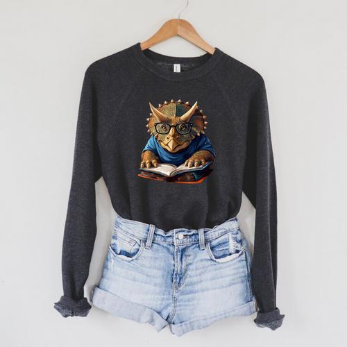 Triceratops Dinosaur Reading Book Nerd Raglan Sleeve Sweatshirt - Bookorys CA