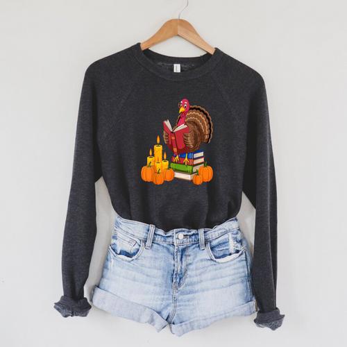 Turkey Reading Books Fall Thanksgiving Teacher Book Raglan Sleeve Sweatshirt - Bookorys CA