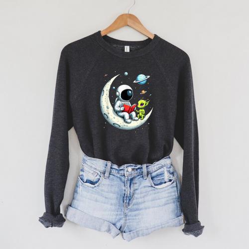 UFO Alien Astronaut Reading Book In Space Raglan Sleeve Sweatshirt - Bookorys