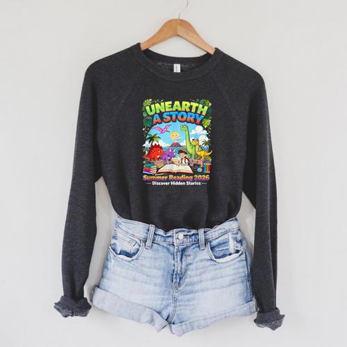 Unearth A Story Dinosaur Books Summer Reading 2026 Raglan Sleeve Sweatshirt - Bookorys DE