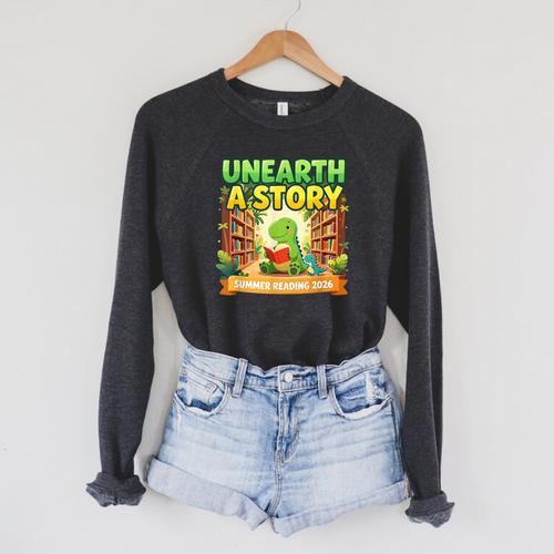 Unearth A Story Dinosaur Summer Reading 2026 Books Raglan Sleeve Sweatshirt - Bookorys UK