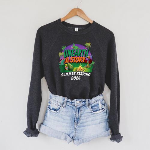 Unearth a Story Summer Reading 2026 Dinosaur T-Rex Book Raglan Sleeve Sweatshirt - Bookorys