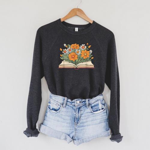 Vintage Book Lover Teacher Wildflowers Reading Read Graphic Raglan Sleeve Sweatshirt - Bookorys
