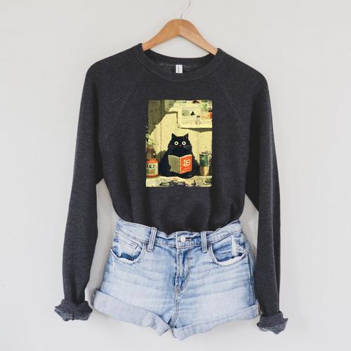 Vintage Japanese Cat Book Lovers Librarian Cat Dad Teacher Raglan Sleeve Sweatshirt - Bookorys AU