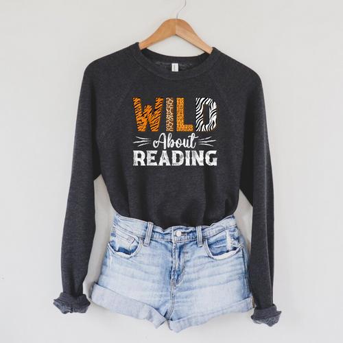 Wild About Reading Books Reader Lover Animals Leopard Zebra Raglan Sleeve Sweatshirt - Bookorys
