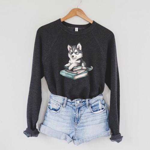 Women's Adorable Watercolor Husky Puppy Dog Reading Books Raglan Sleeve Sweatshirt - Bookorys