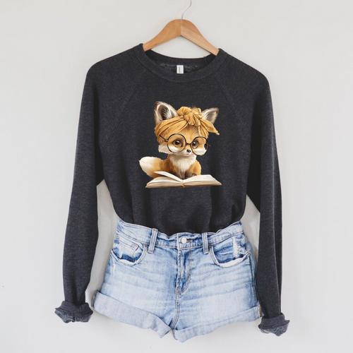 Women's Cute Fox Reading Book Lover Animal Graphic Baby Portrait Raglan Sleeve Sweatshirt - Bookorys DE